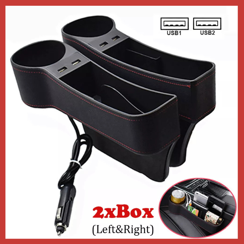 AquaFlameLiving™ - Car Seat Gap Pocket Organizer Filler Dual USB Cup Holder Keys Phone Storage Box