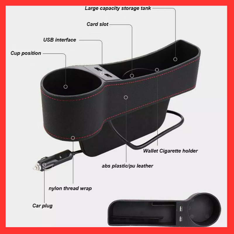 AquaFlameLiving™ - Car Seat Gap Pocket Organizer Filler Dual USB Cup Holder Keys Phone Storage Box